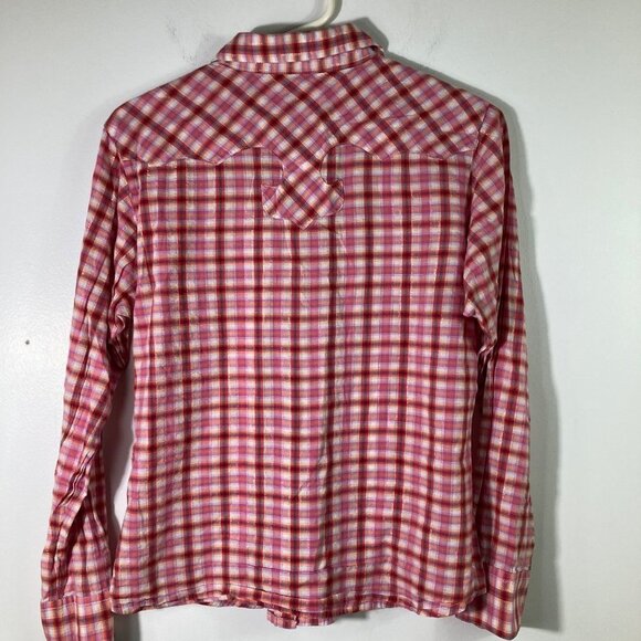 Womens Vintage Long Sleeve Western Pearl Snap Shirt M Pink Orange White - Picture 2 of 7